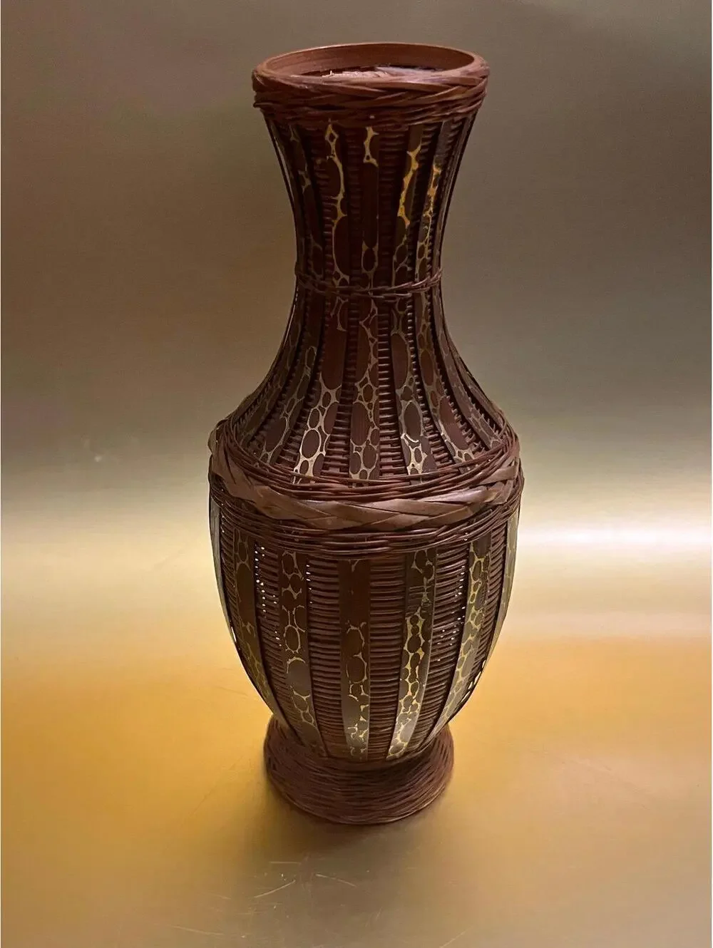 Vintage Decorative Woven Bamboo and Wood Vase